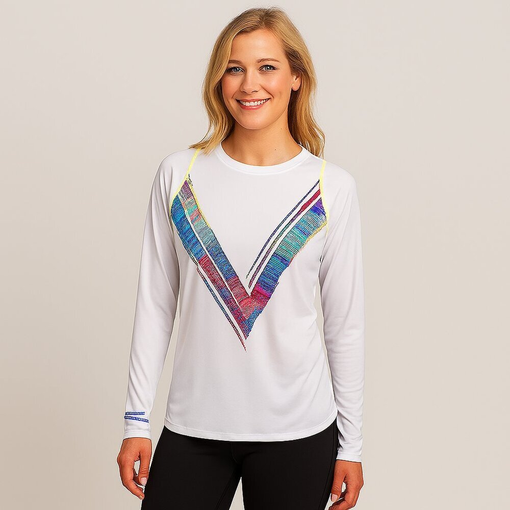 Lucky in Love White Tennis Top XL | Neon Trim & Colorful Chevron Print